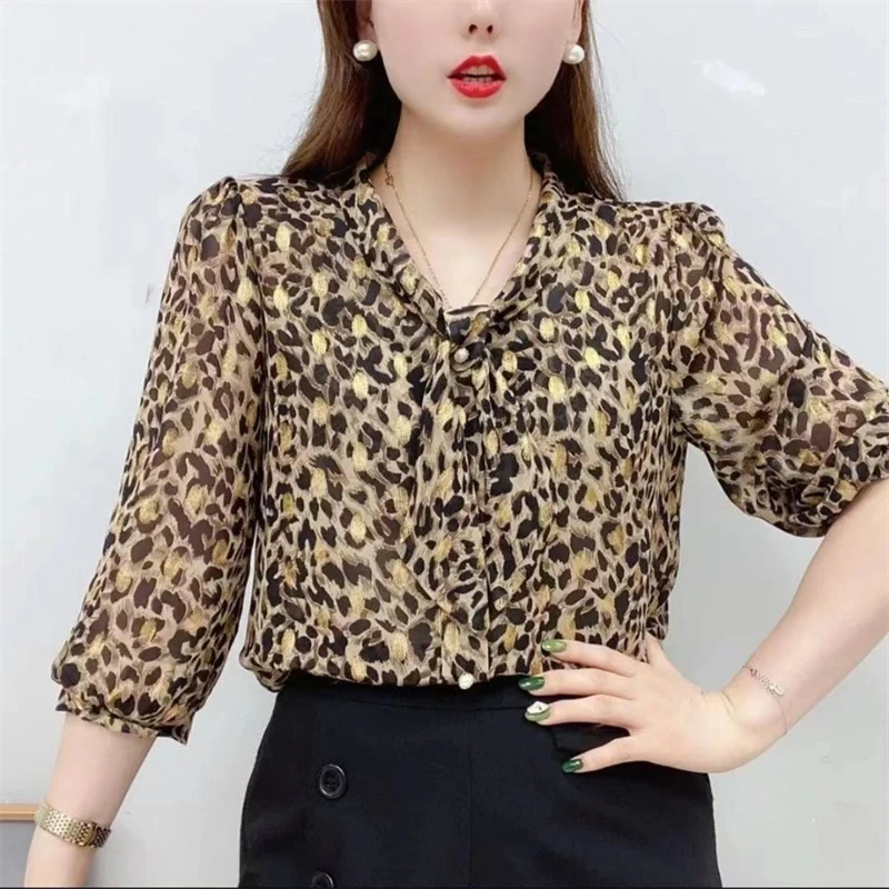 Dameskleding Koreaanse Mode Satijnen Print Strik Elegante Blouse Lente Zomer Casual 3/4 Mouw Shirts Dames Losse Tops Blusas