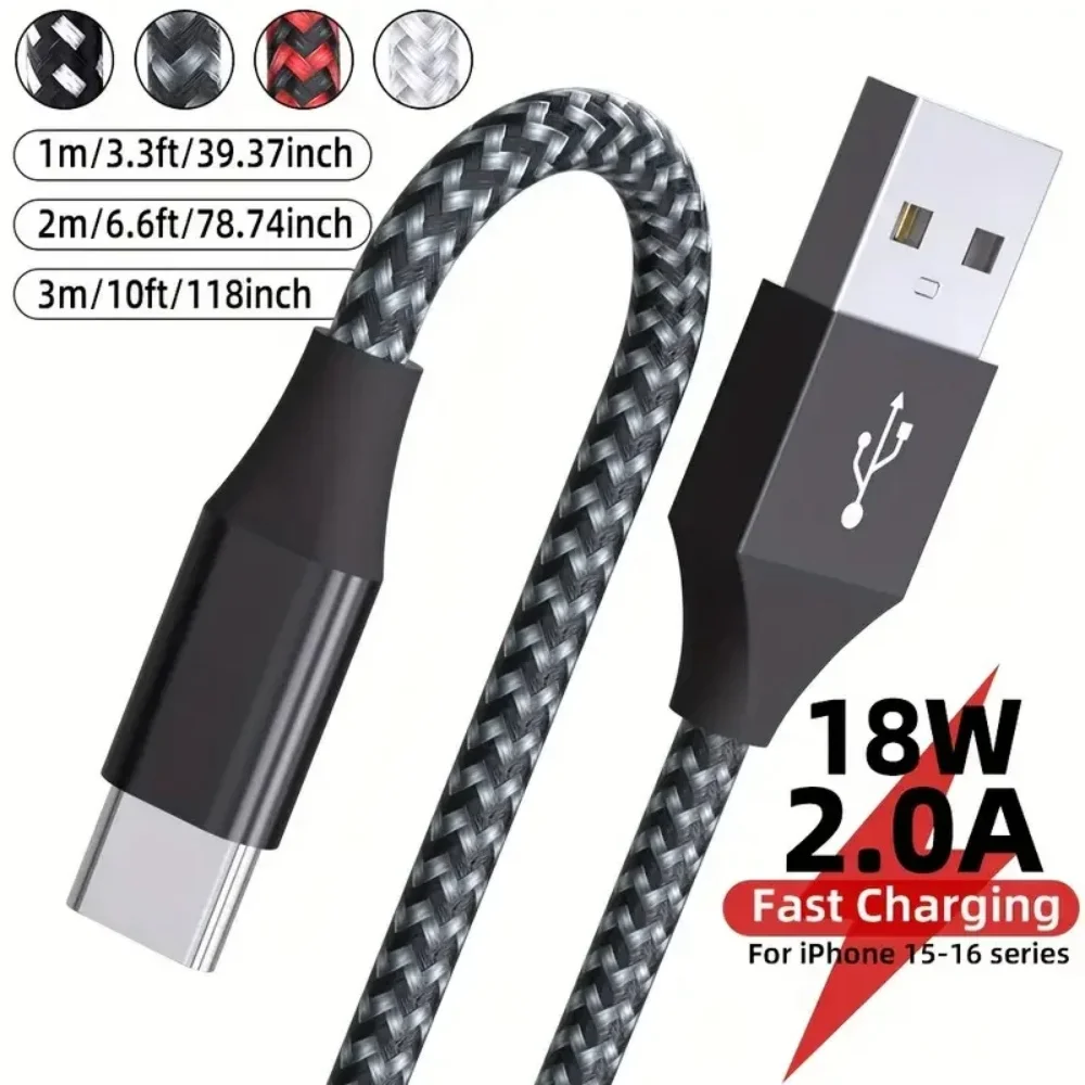 Câble USB-A vers Type-C tressé de 1M, 2M, 3M pour charge rapide et transfert de données universel pour Samsung Galaxy A25, A35, A55, A54, S24 et iPhone 17, 16