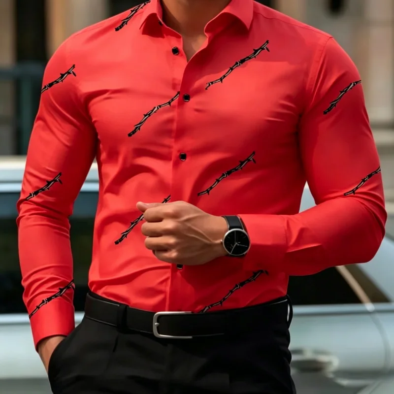 Men's Barbed Wire Thorn Print Long Sleeve Dress Shirt Slim Fit Button Down Casual Blouse Top For Business Office And Daily Wear
