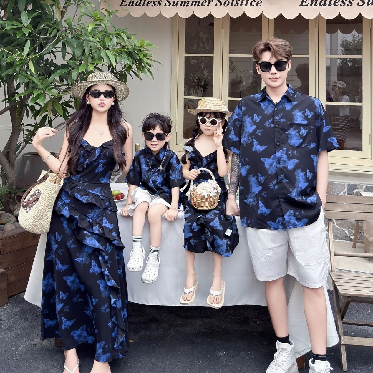 

2026 Summer Family Matching Outfits Butterfly Print Mommy and Me Dress Dad Son Shirt Vacation Beach Clothes for Family