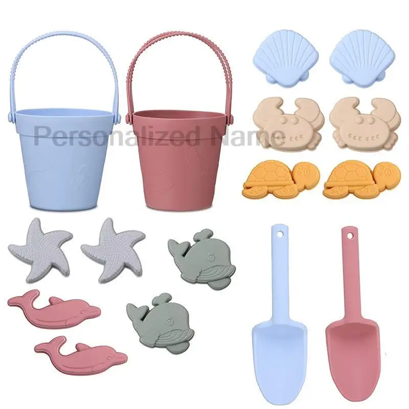 Silicone Toys Set Collapsible Sand Toys Travel Sand Box Toys Sand Bucket Shovel and3D Marine Theme Molds for Summer Outdoor Toys