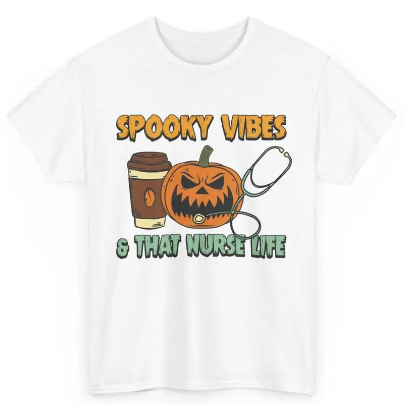 

Хэллоуин Медсестра Жуткая вибрация и жизнь Тыква Хлопковая футболка