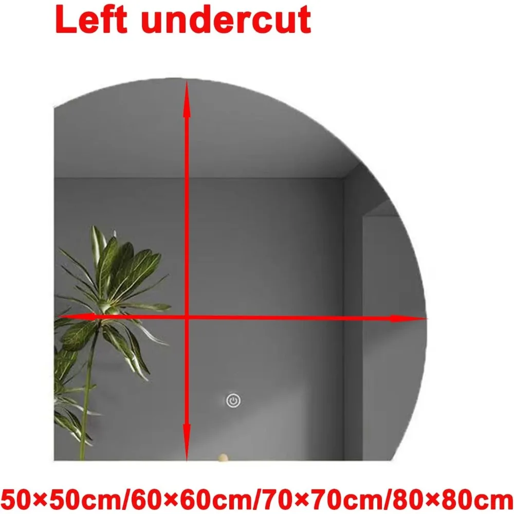 Espelho de banheiro LED semicírculo montado na parede com design de vaidade sem moldura e tecnologia Smart Touch, com luz de três cores
