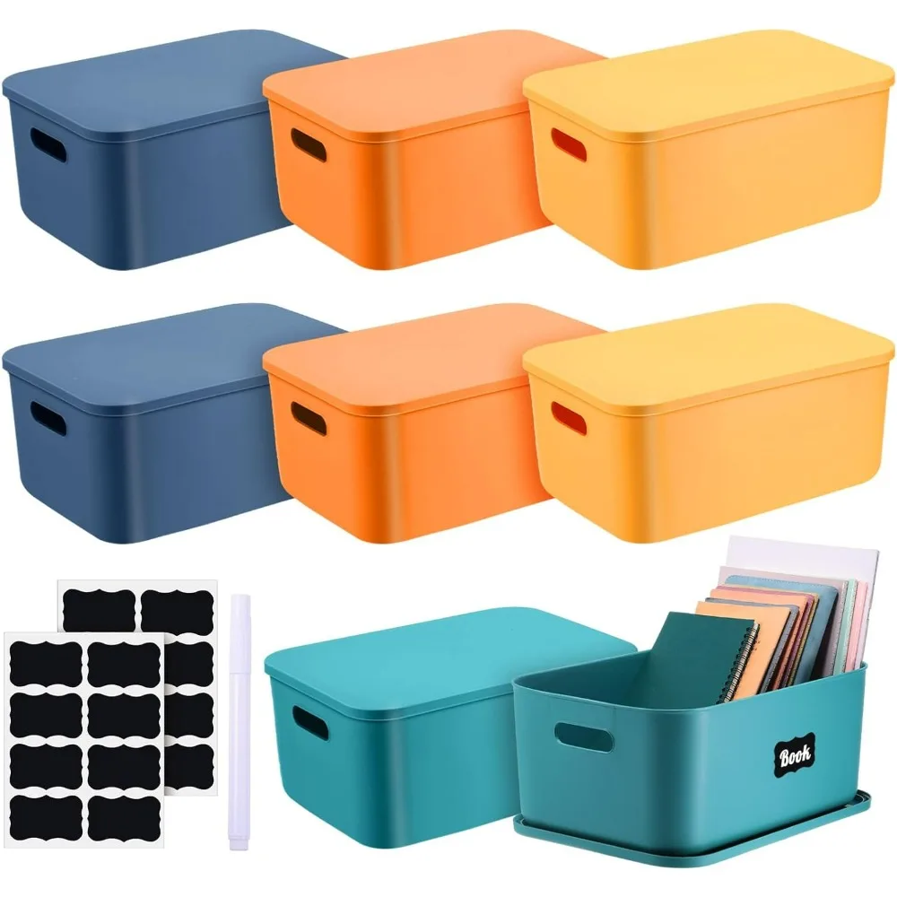 8 Pcs Plastic Storage Bins with Lids, Colorful Desktop Storage Box for Bedroom, Office, Include 1 Erasable Marker, 16 Stickers