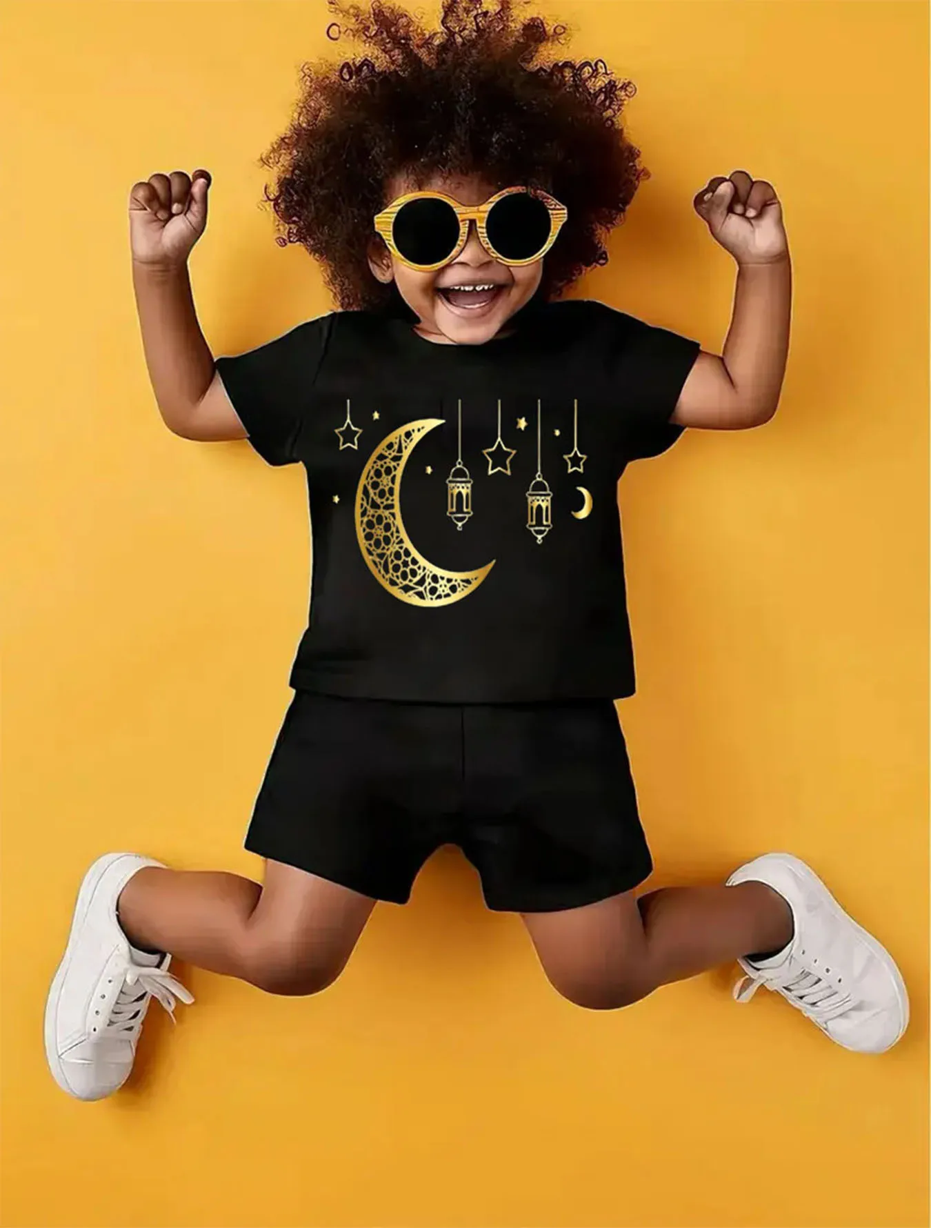 

Цельночерный фонарь с короткими рукавами + золотой полумесяц: модный комплект — крутой милый детский благословение Рамадана