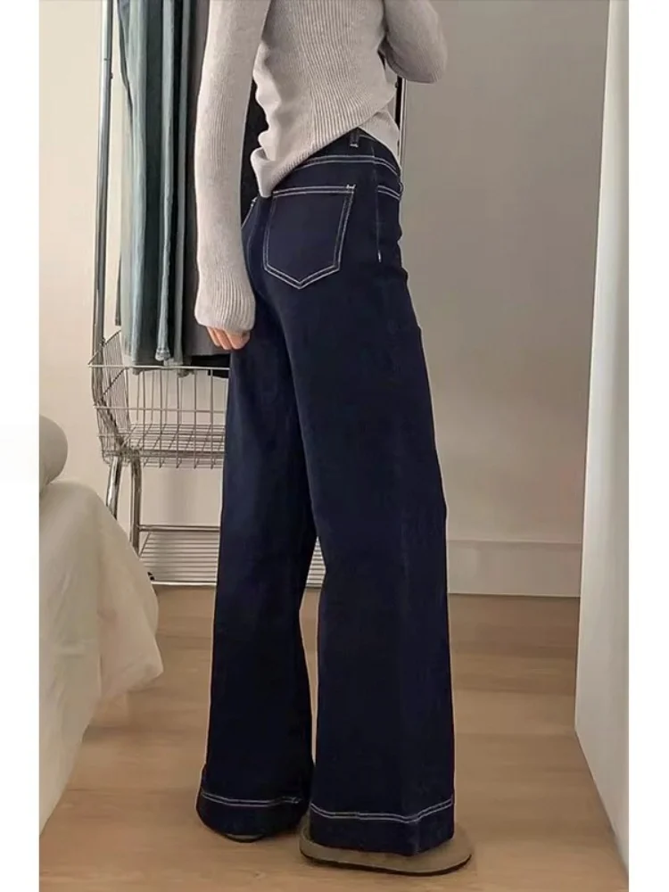 

Deep Blue Fleece Lined Wide Leg A-Line Jeans Women's Winter Loose Slimming Bootcut Pants Pear Shape Body Casual High Waist