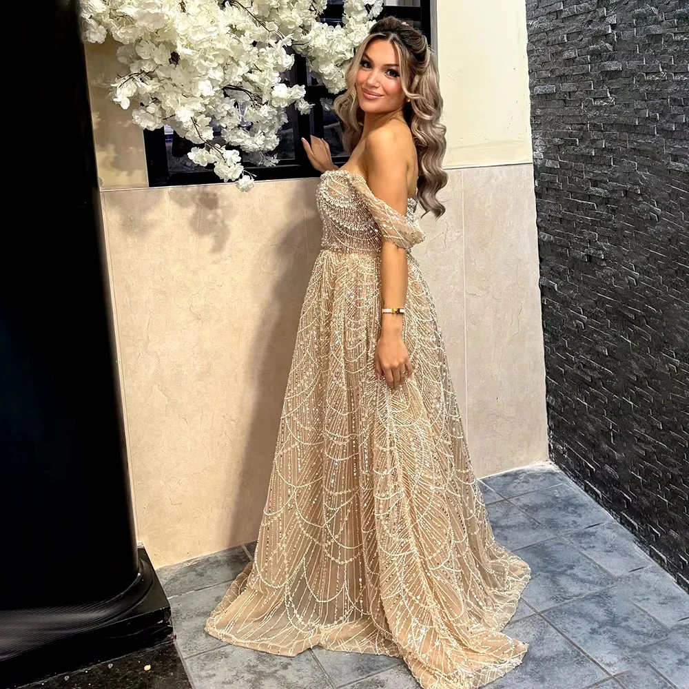 New Luxury A-line Long  Evening Dresses Sequined Pearls Off The Shoulder Prom Gown Wedding Party Gown Customized Robe De Mariée