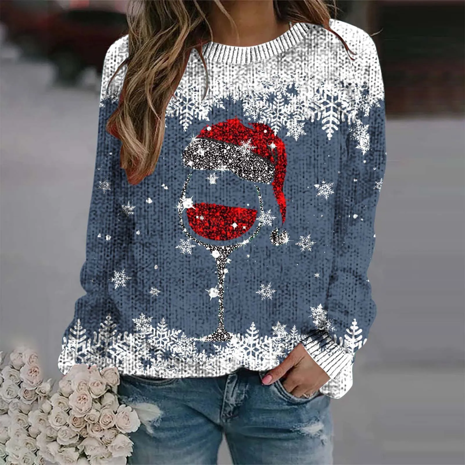 Snowflake Print Christmas Pullover Sweaters Round Neck Long Sleeve Xmas Women Pullovers Top Wine Glass Pullover Female Jumpers