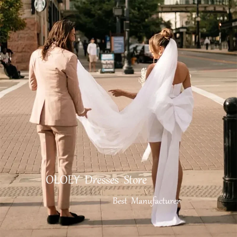 OLOEY-vestido de novia corto de satén sin tirantes, prenda sencilla con lazo en la espalda, para baile de graduación