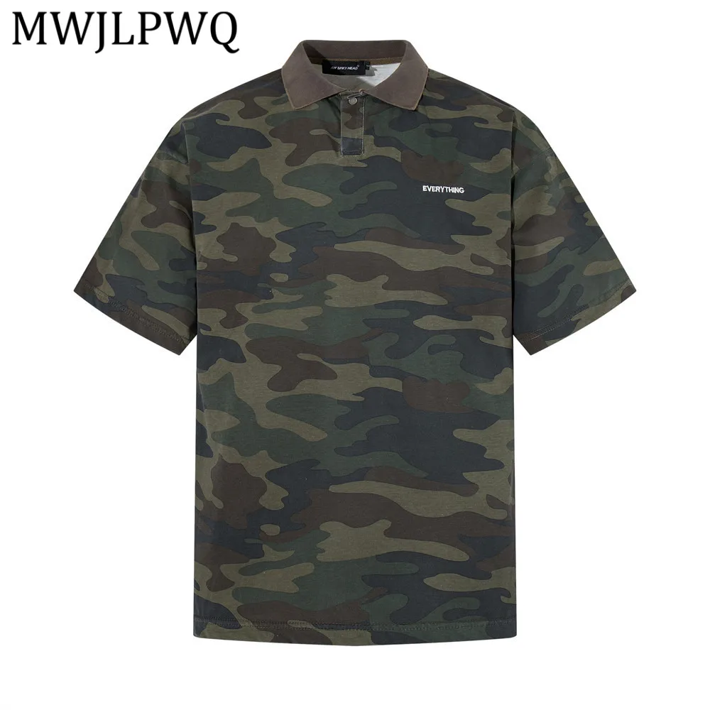 

MWJLPWQ American Retro Camouflage Short-Sleeve Shirts For Men Loose Casual Ins Turn-Down Collar Distressed Top Summer Tide 14062