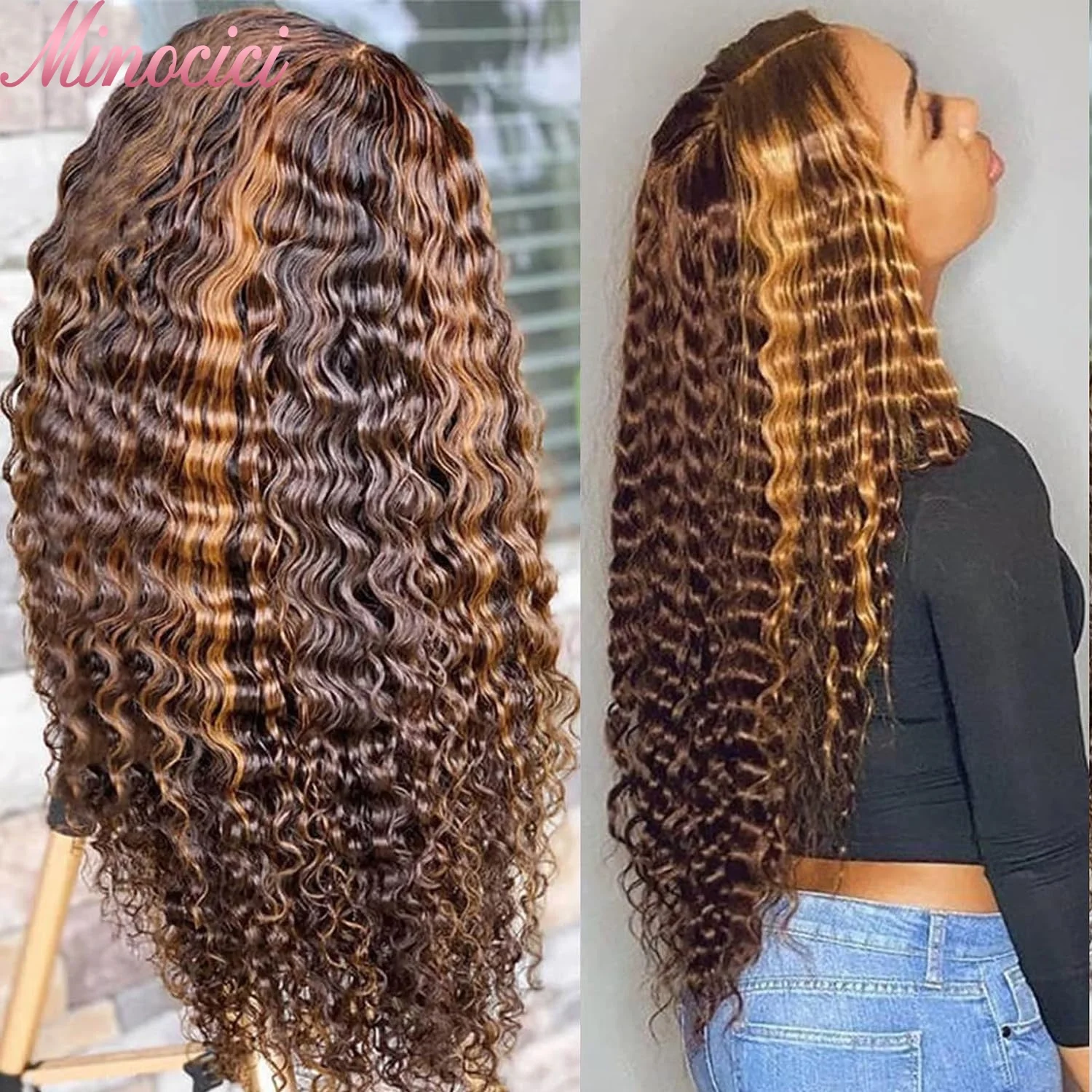 Perruques en cheveux humains bouclés ombrés à densité 250, perruque pré-épilée à ondulations profondes, perruque frontale en dentelle HD 13x6 pour femmes noires