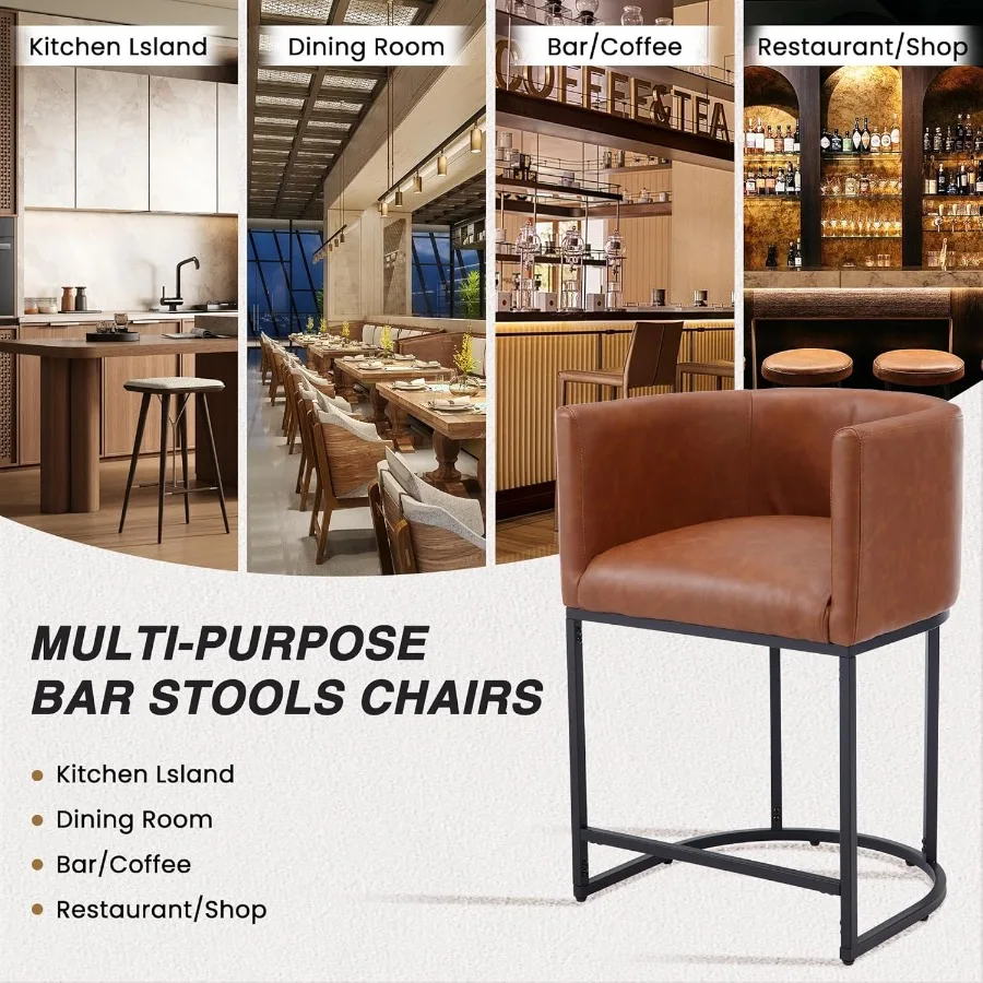 Modern Barrel Counter Height Bar Stool 24 Inch Kitchen Bar Stool with Back PU Leather Barstool Bar Height for Island with Black