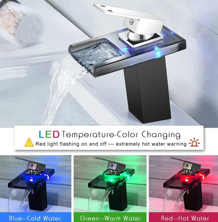 3-Color Changing LED Light Cold and Hot Water Brass Bathroom Sink Basin Faucet