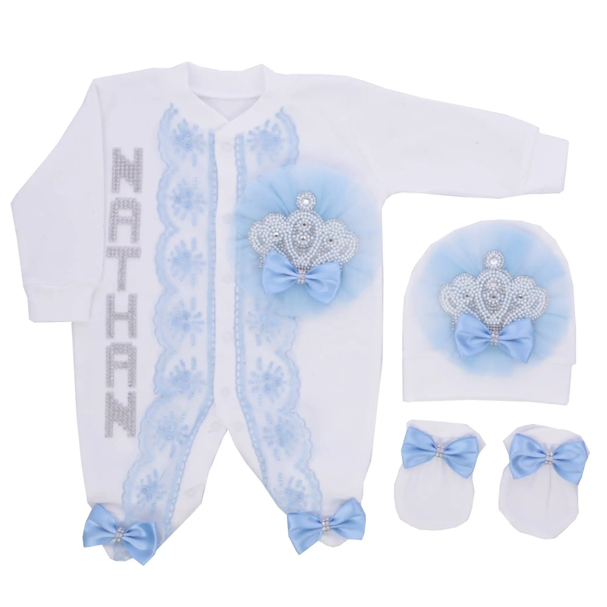 スイートブルーホワイトプリンセススタイルラインストーンクラウンベビー服セット、新生児用ブランケットジャンプスーツ帽子リボン付き