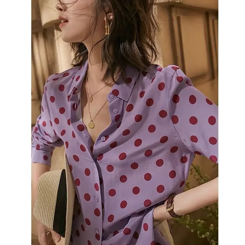 

Polka Dot Printed Shirt for Women Long Sleeved Medium to Long Loose and Versatile Shirt Purple Top