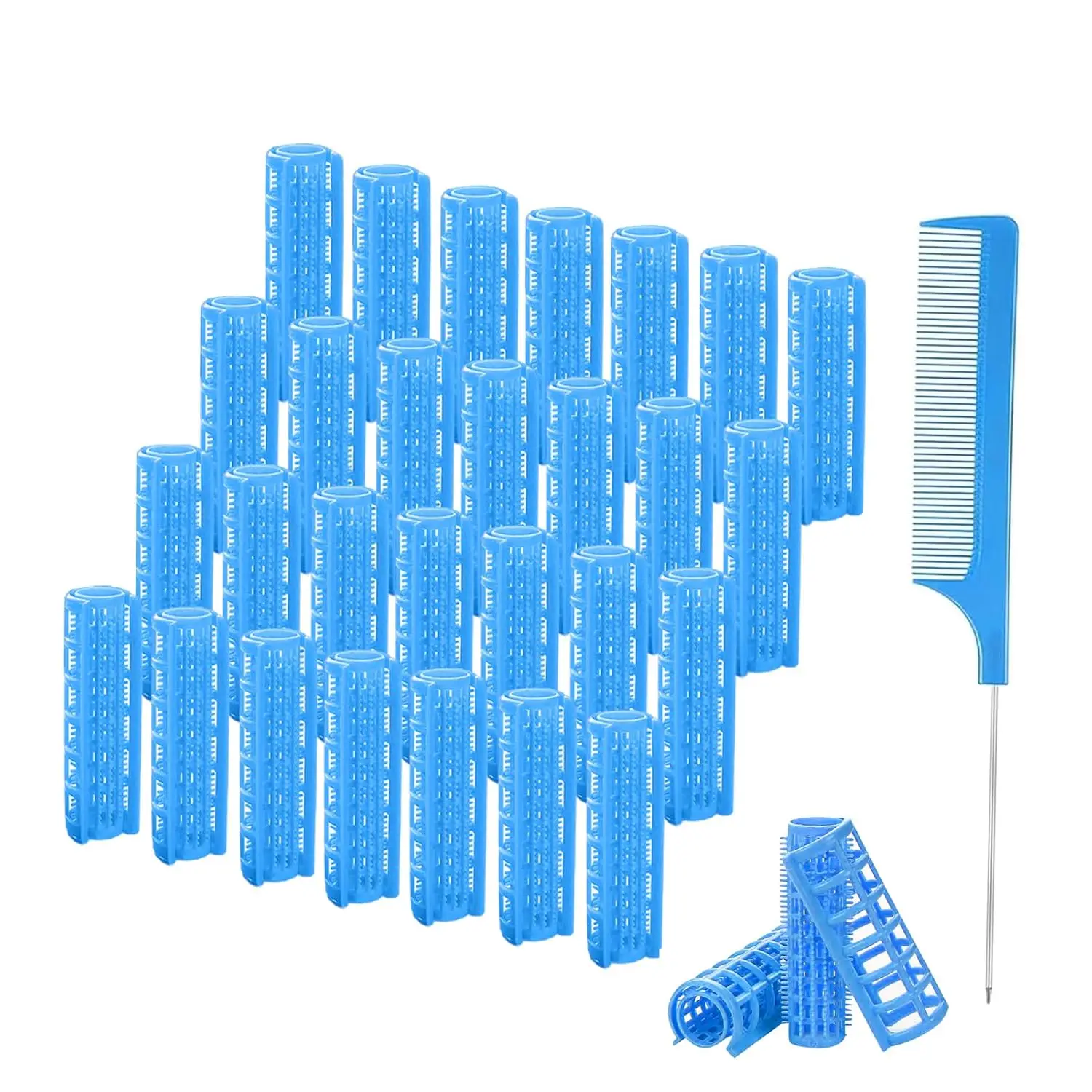 

28PCS Small Plastic Hair Curlers Rollers Set, 0.6In Snap on Rollers Self Grip Heatless Curlers with Comb for Short Thin Fine Hair (Blue)