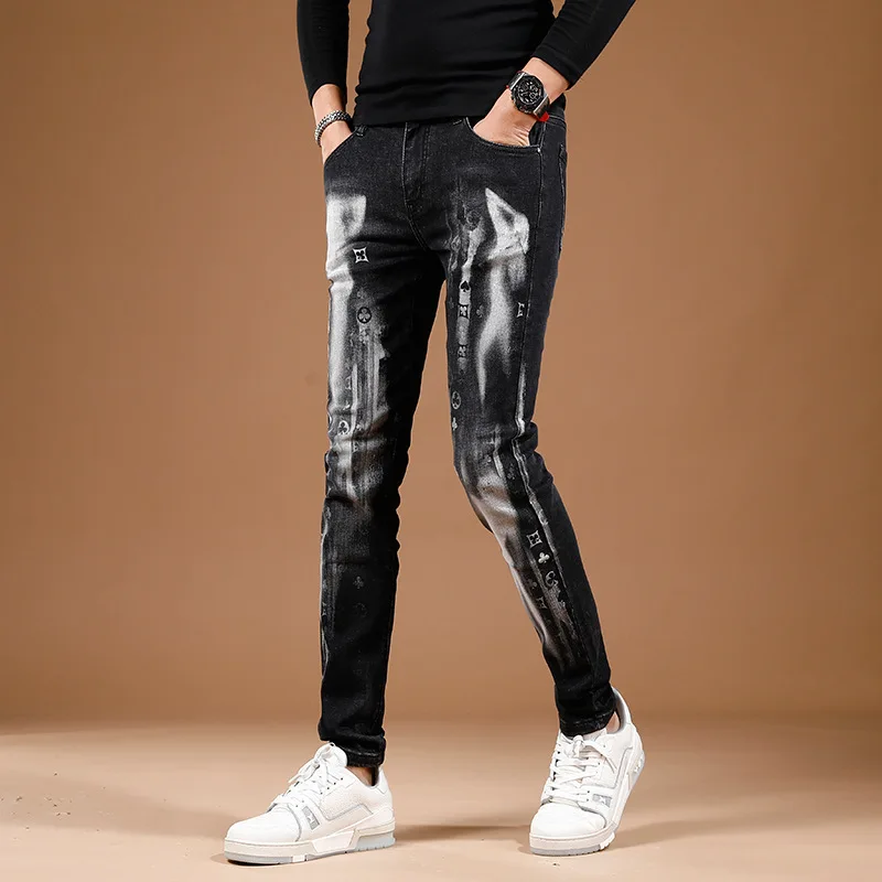 Black Jeans Men's Slim Fit Skinny Stretch Nightclub Party Printed Pants Personality Street Fashion Denim Trousers