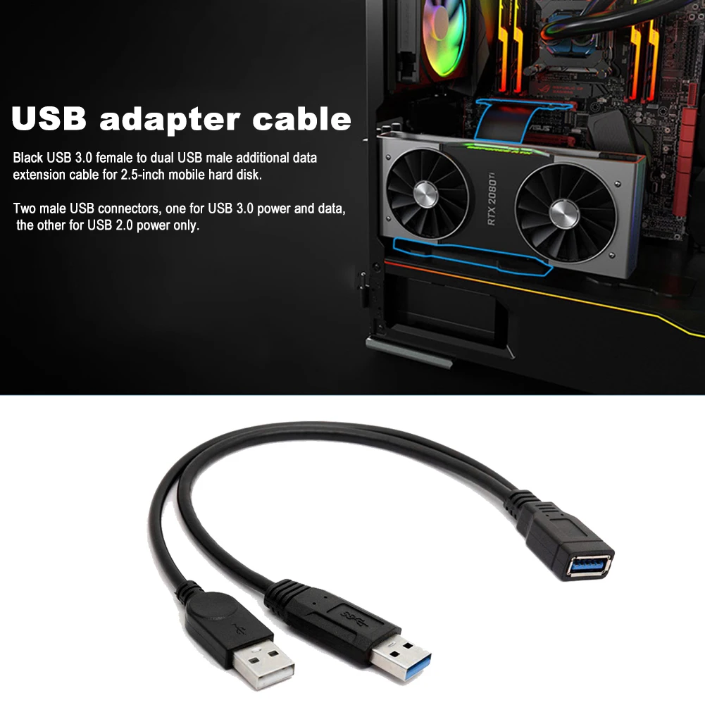 USB 3.0 fêmea para duplo USB tipo A macho cabo de extensão de dados de energia extra Y preto