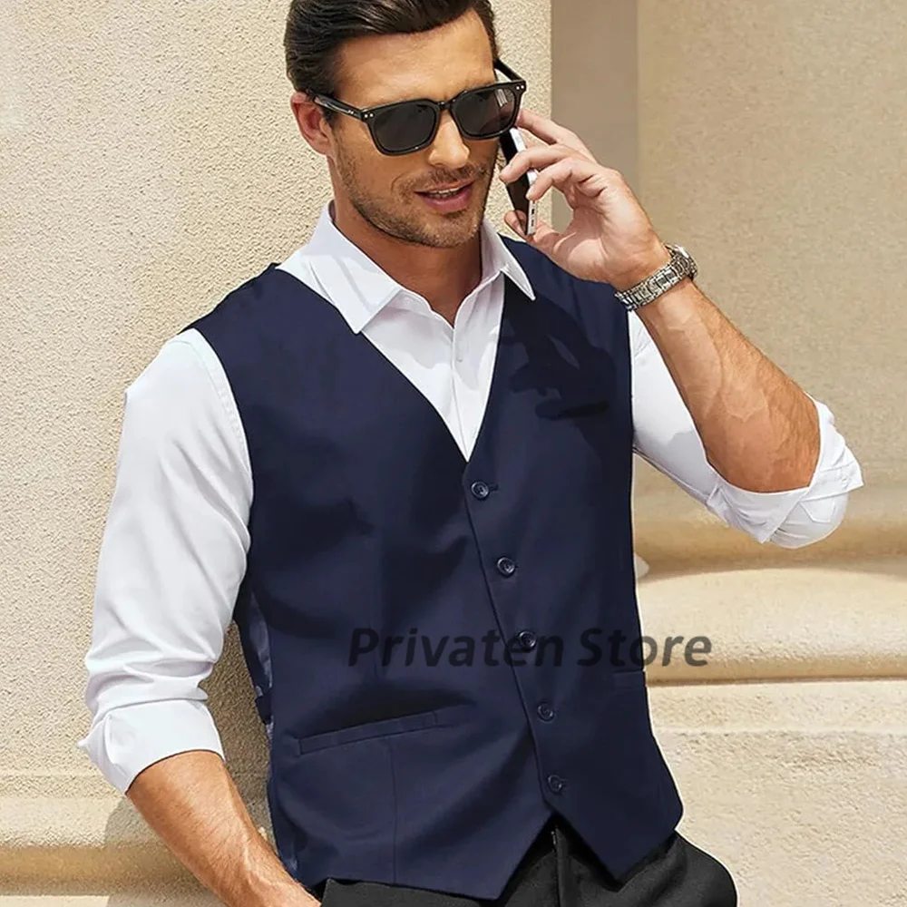 Men Suit Vest Summer Beach Solid Button Tops Male Clothing For Wedding V Neck Soft and Cool Male Fashion Casual Waistcoat