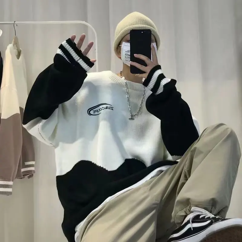 الكورية Sle فضفاضة تناسب جولة Ne مخطط اللون بلو تريكو مريحة عارضة طويلة Sve الرجال سترة Faionable الخريف... #4