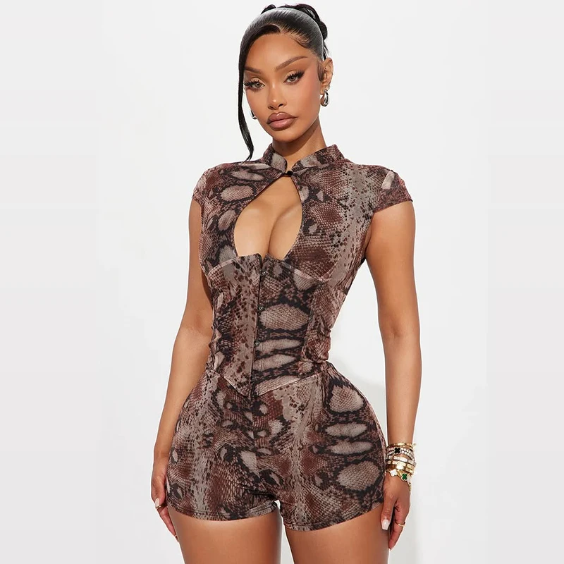 Snake print sleeveless slim fit and slimming front hollowed out jumpsuit shorts