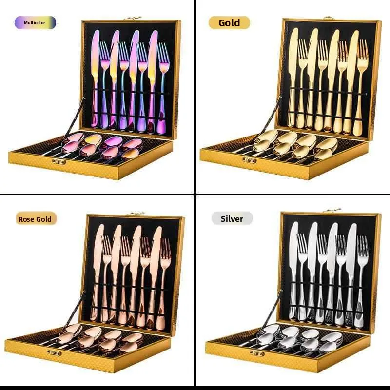 

Gold Plated Stainless Steel 16 Piece Dining Set with Wooden Case Western Style Hotel Quality Cutlery Fork Spoon Knife