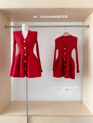 Women French Retro Dress Old Money Mini Knit Frocks Long Sleeve V-Neck One-Piece 2000s Aesthetic Party Evening Prom Gown Shoujo