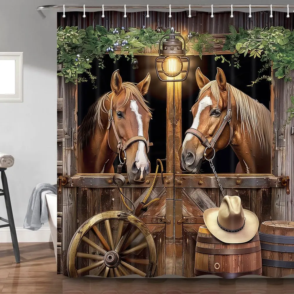 Rustic Barn Door Shower Curtain for Bathroom, Farmhouse Western Horse Wood Board Decor Bath Curtains, Vintage Cowboy Old Wild