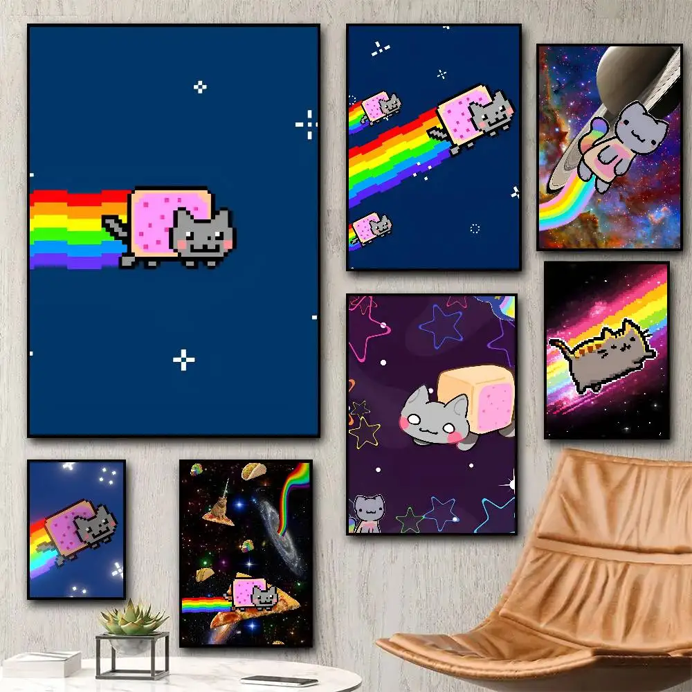 1 Stück Cartoon Game N-nyan Cat Poster Aufkleber Druck Wasserdichter Wandkunstdruck für Wohnzimmer Schlafzimmer Heimdekoration