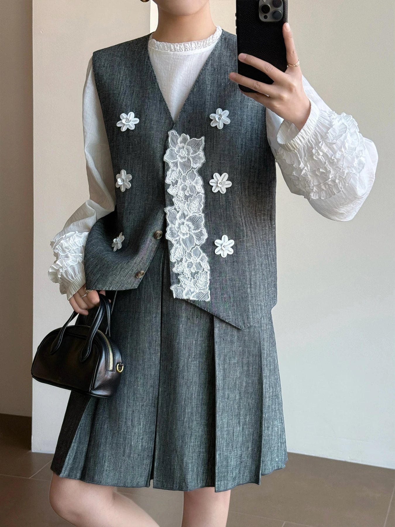 

Tasyavan Linen Cotton Gingham Pattern 3D Tailored Lace Trim Vest Skirt Set Women's Faion Autumn Spring Two-Piece Suit