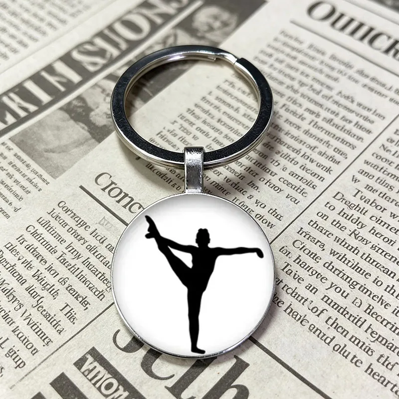 Classic Black White Gymnast Figure Glass Keychain Gymnastics Sport Charm Keyring Nice Present For Female Athletes