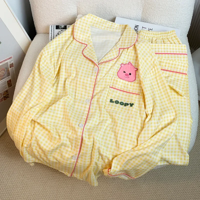 2024 Autumn Girls Sweet Pijama Fashion Women\'s Pajamas Set Cute Cartoon Loopy Plaid Long Sleeved Sleepwear Korean Home Clothes