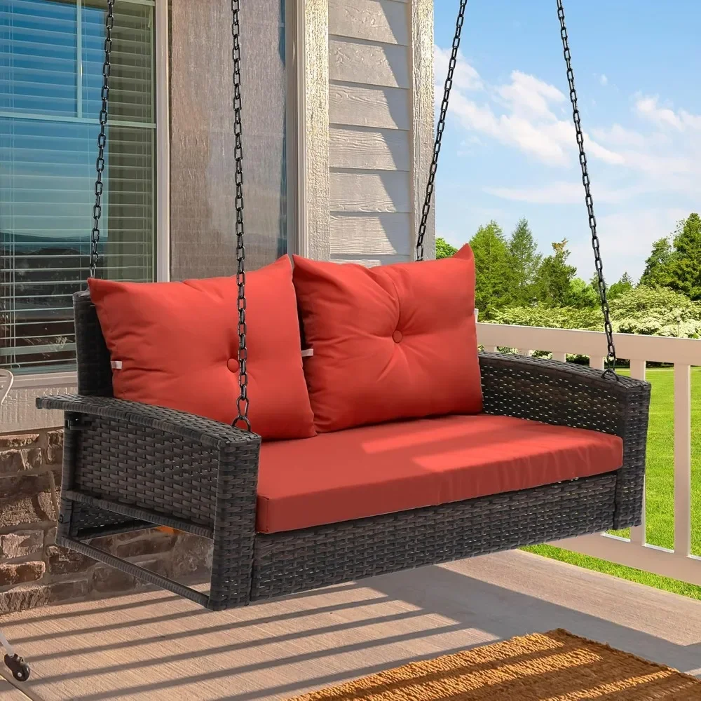 Wicker Hanging Porch Swing Chair Outdoor Brown Rattan Patio Swing Lounge w/ 2 Back Cushions Capacity 530lbs for Garden