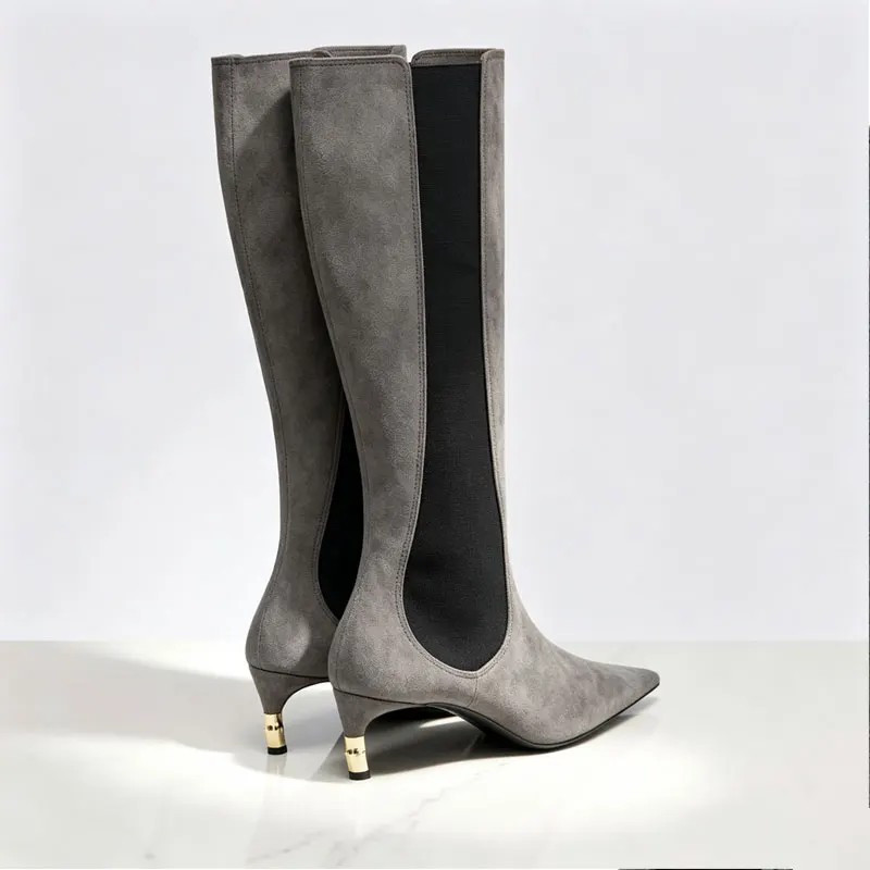 Women's New Knee High Boots with Pointed Kitten Heel and Stretch Fabric for Autumn and Winter Party Fashion, Mid Length Boots
