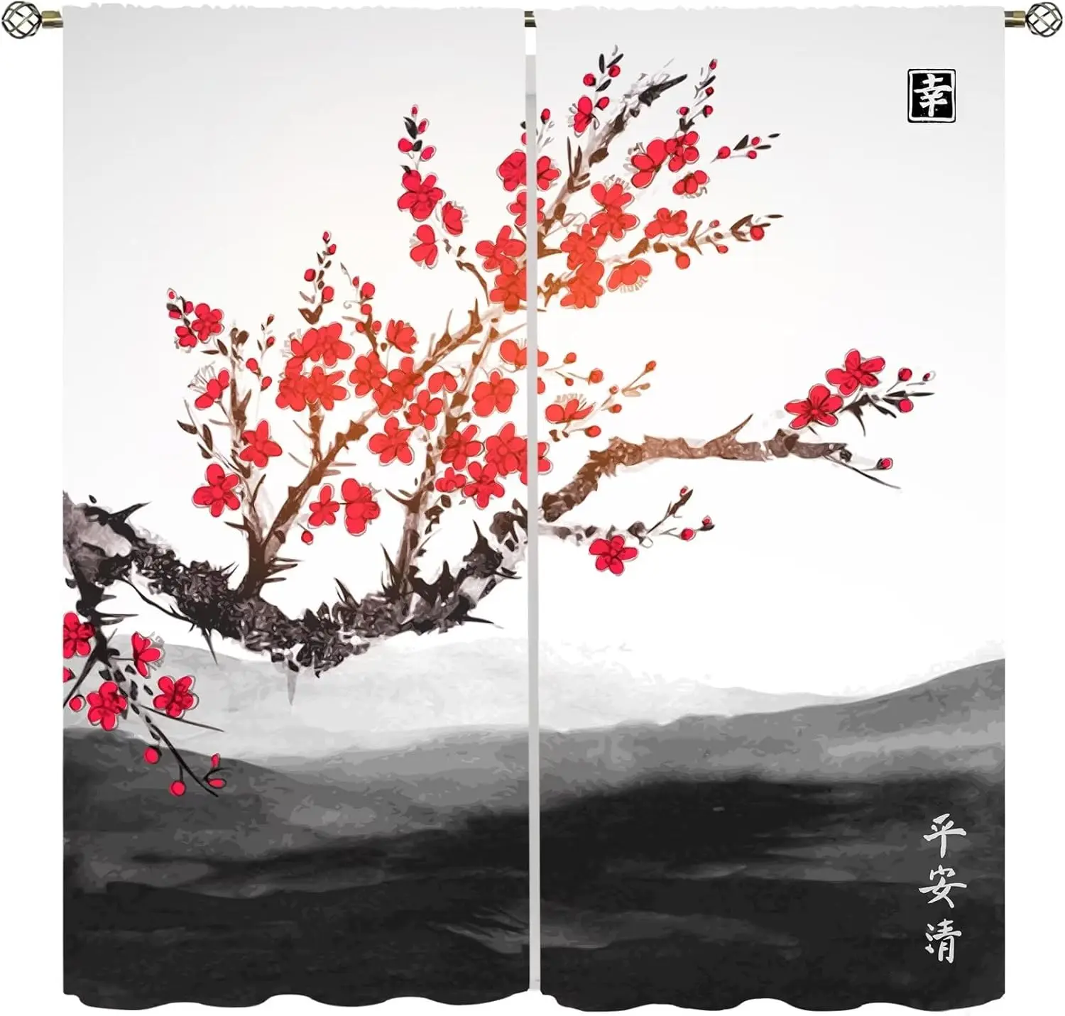 Japanese Asian Curtains Red Cherry Blossom Tree Traditional Ink Style Plant Mountain River Printed Curtain for Kitchen Bedroom