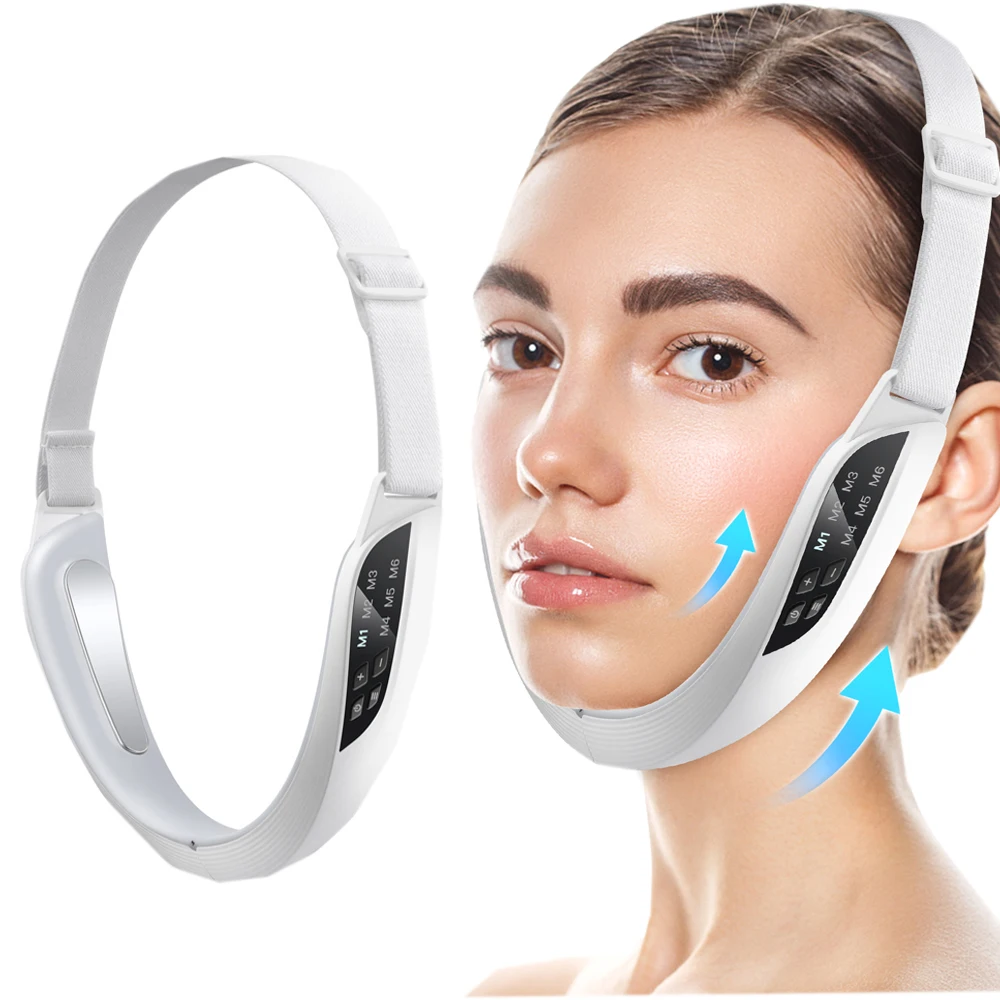جهاز تدليك الاهتزاز لتخسيس الوجه جهاز رفع الوجه حزام الذقن المزدوجة على شكل حرف V 6 أوضاع مدلك اهتزاز الوجه