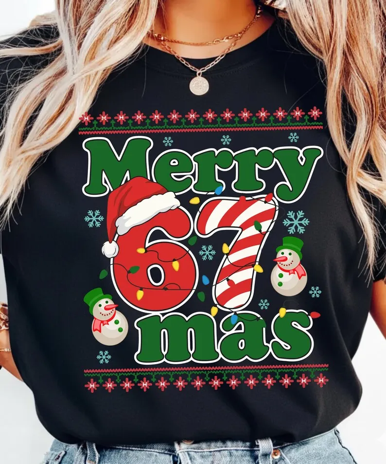 6 7 ميمي منامة عطلة الجنرال ألفا العام عيد الميلاد بلايز مضحك 67 عيد الميلاد تي شيرت طباعة القطن عادية كم قصير للجنسين