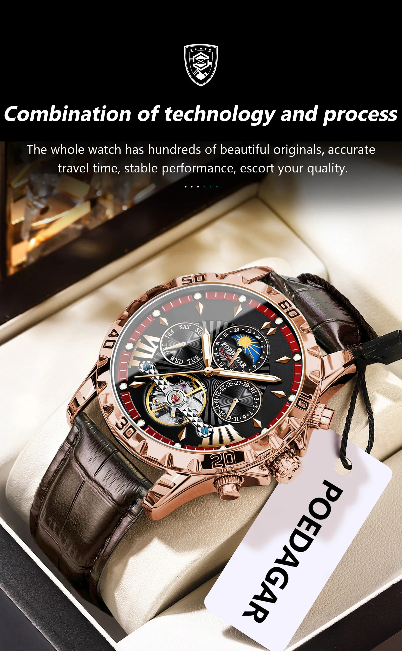 POEDAGAR Luxury Automatic Mechanical Men Watch Hollow Tourbillon Waterproof Luminous Male Clock Week Date Business Men's Watches