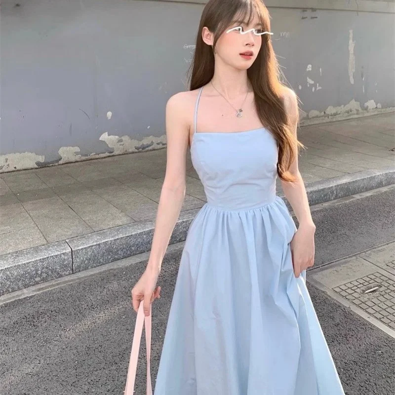 Damen Sexy Quadratischer Ausschnitt Slip Maxikleid Rückenfreies A-Linien-Kleid Lebendiges Sommer-Freizeitkleid