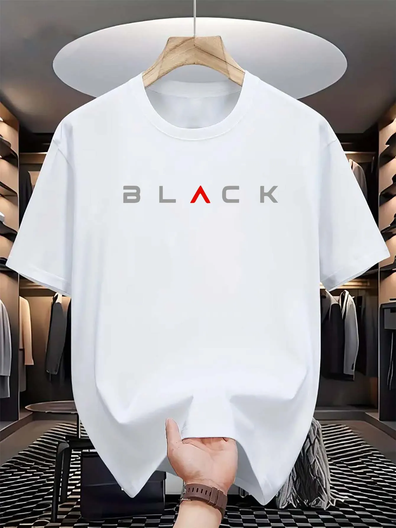 Summer men's 100% pure cotton casual loose fit plus size BLACK letter pattern printed round neck short sleeved T-shirt top image 4