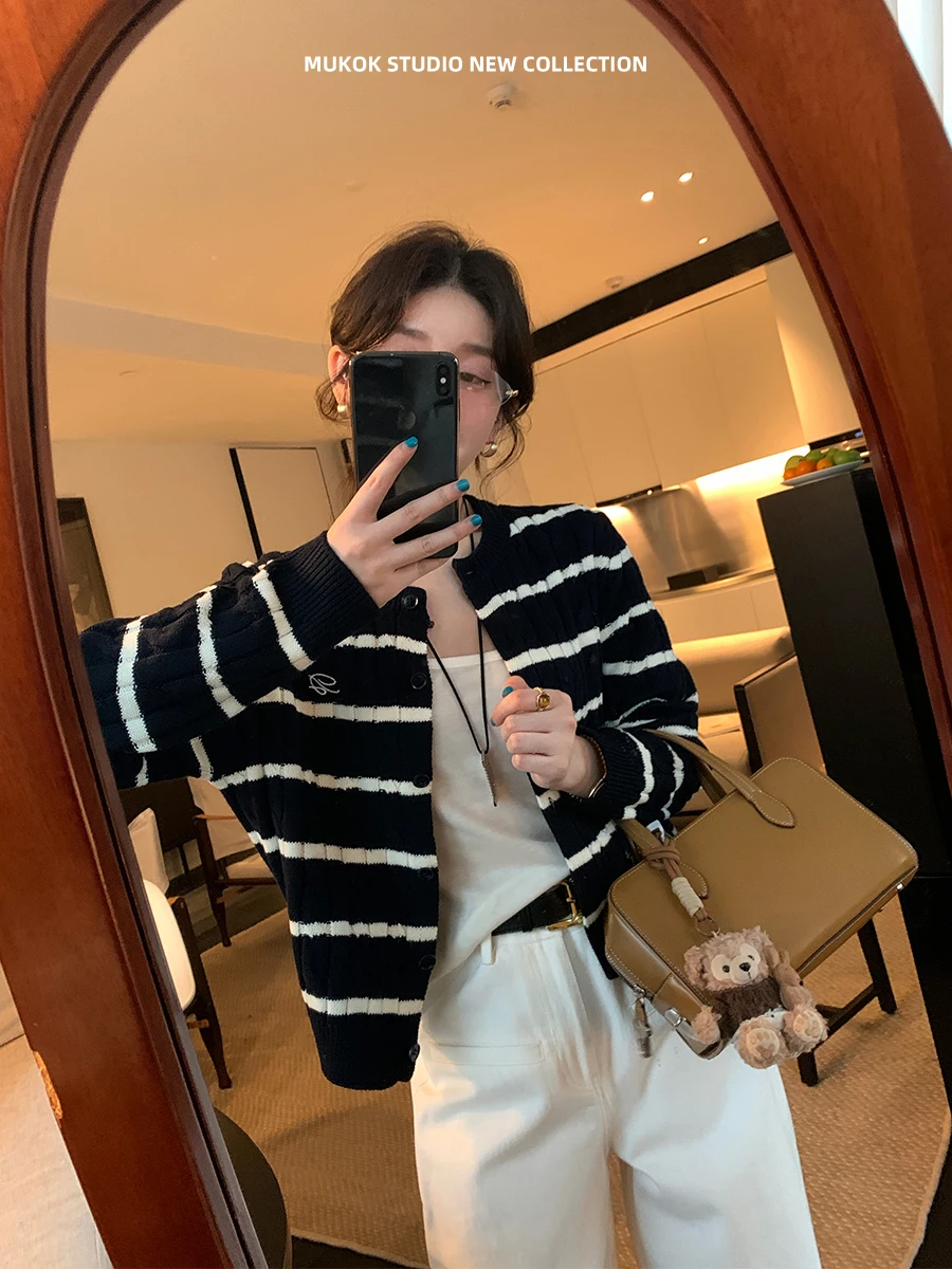 

Женский тонкий вязаный кардиган MUKOK, свободный крой, для ранней весны, повседневный, с полосатой текстурой