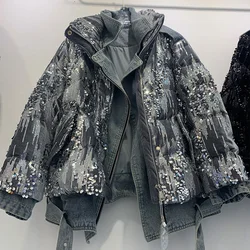 Sequins Winter Fashion Jacket Women Denim Splicing Duck Down Coat Casual Outdoor Black White Gray Female Parkas