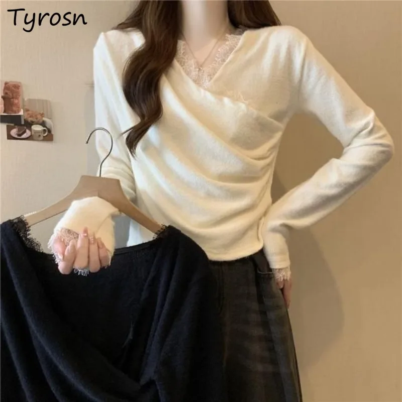 

Women Blouse Oversize Underlay Asymmetrical Design Patchwork Lace Solid V-neck Spring Autumn Korean Style Soft Ladies Tops Chic