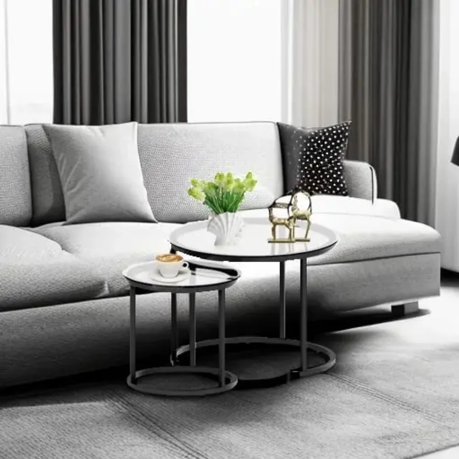 2-Piece Black Nesting Coffee Glass Table Set, Metal Frame for Small Spaces, Modern Industrial Style