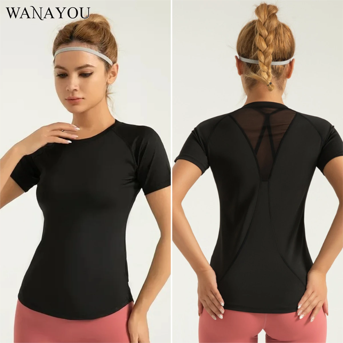 

WANAYOU женская рубашка для йоги с полой спинкой, быстросохнущий топ для тренировок, футболка для тренажерного зала и фитнеса, топ для тренировок с короткими рукавами