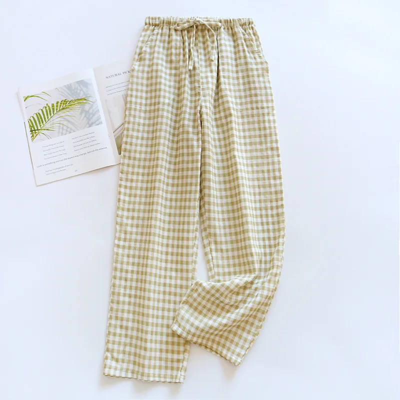 2024 Nieuwe Japanse Lente/Zomer Paar Nachtkleding 100% Puur Katoen Gaas Mannen En Vrouwen Lange Broek Dunne Plaid losse Thuis Broek