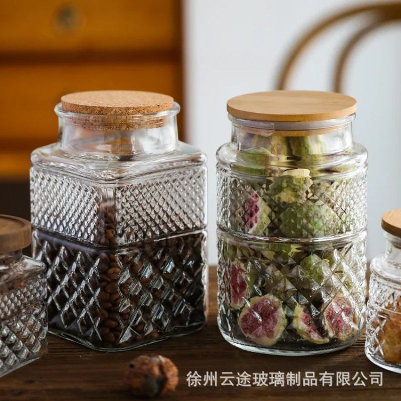 Vintage Relief Engraved Glass Jar with Bamboo Lid Moisture-proof Sealed Bottle Household Food Candy Jar Transparent Storage Box