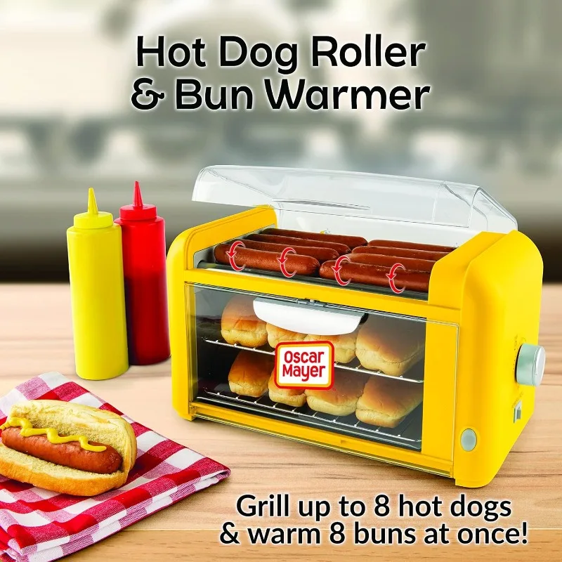 Nostalgia Oscar Mayer Extra Large Countertop 8 Hot Dog Roller and Bun Toaster Oven Stainless Steel Rollers and Non-stick Warming