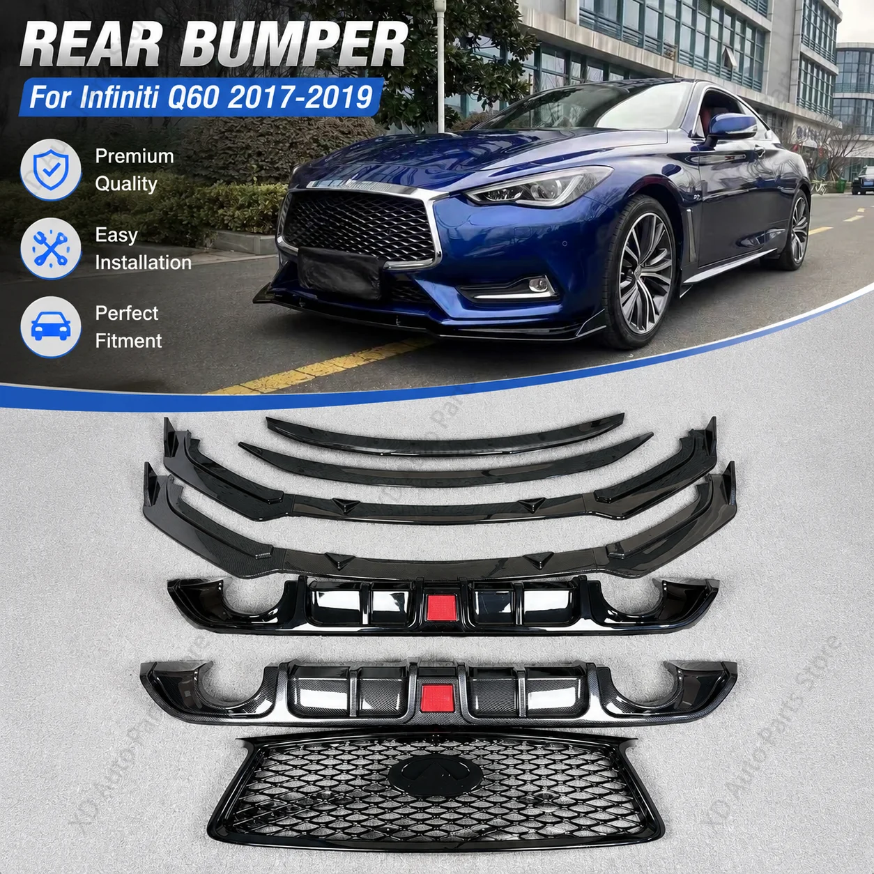

Car Front Bumper For Infiniti Q60 Q60S 2017-2019 Spoiler Body Kit Modified Front Lip Diffuser Tail Top Wing Fixed Wings Tuning