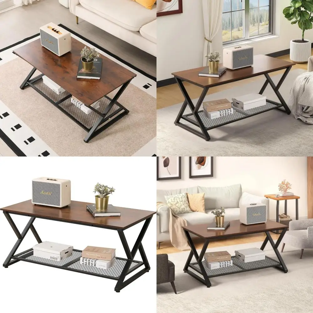 

Vintage 2-Tier Industrial Metal & Wood Coffee Table, 39 Rectangular Storage Shelf Living Room Center Table, Brown
